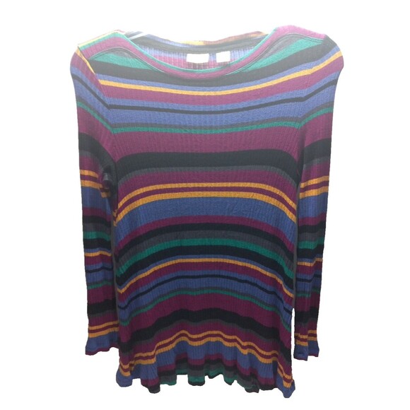 Westbound Petite Small Ribbed Stripe Shirt Long Sleeve Boat Neck Dark Multicolor - Picture 1 of 6